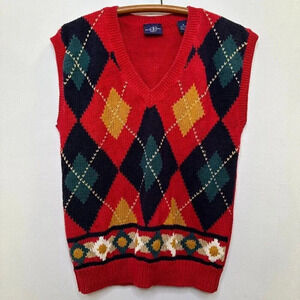 Vintage Men's Blue Stone Red Navy Argyle Sweater Vest Size Medium